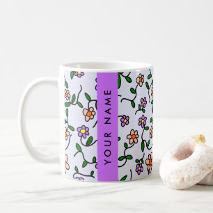 Farbenfrohe Blumen, blauer Hintergrund, Lila Kaffeetasse