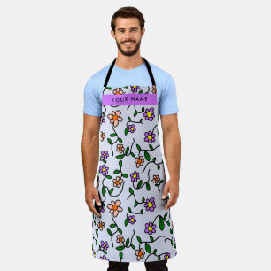 Farbenfrohe Blumen, blauer Hintergrund, Lila Schürze