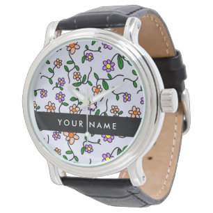 Farbenfrohe Blumen, blauer Hintergrund, schwarz Armbanduhr