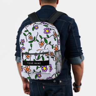 Farbenfrohe Blumen, blauer Hintergrund, schwarz Bedruckter Rucksack