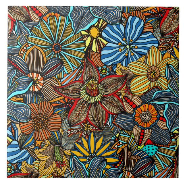 Farbenfrohe Blumen-Boho-Blumen-Collage Fliese (Vorderseite)