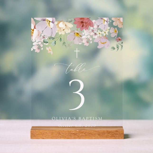 Farbenfrohe Blumen, Boho, Tauf-Tischnummern Acrylschild (Neutral)