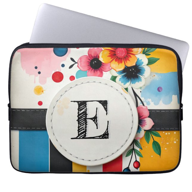 Farbenfrohe Blumen-Design Rahmen Chic Monogramm Laptopschutzhülle (Vorderseite)