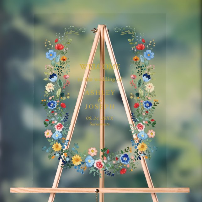 Farbenfrohe Blumen Elegante Hochzeit Acrylschild (Neutral)