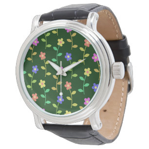 Farbenfrohe Blumen, Florales Muster, Grünpflanzen, Armbanduhr