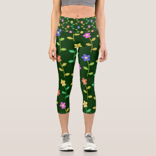 Farbenfrohe Blumen, florales Muster, Grünpflanzen, Capri Leggings