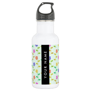 Farbenfrohe Blumen, hellgrüner Hintergrund, Schwar Edelstahlflasche