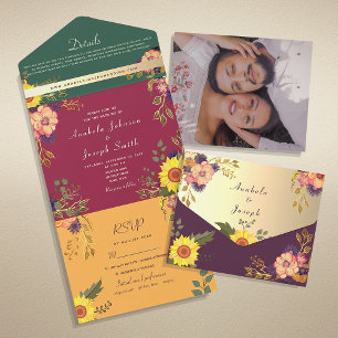 farbenfrohe Blumen Jewel Tone Hochzeit All In One Einladung