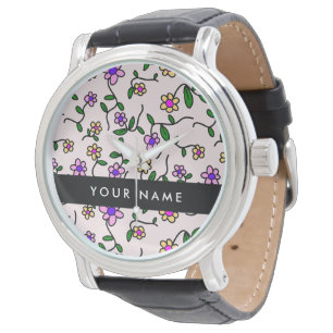 Farbenfrohe Blumen, Rosa Hintergrund, Schwarz Armbanduhr