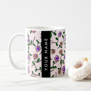 Farbenfrohe Blumen, Rosa Hintergrund, Schwarz Kaffeetasse