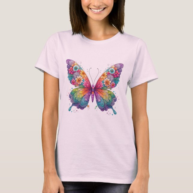 Farbenfrohe Blumen Schmetterling Kunst - Lebhafte  T-Shirt (Vorderseite)