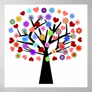 Farbenfrohe Blumen und Herzen mit Lovebirds Tree I Poster
