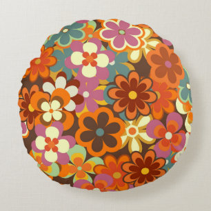 Farbenfrohe Blumen Vintag Nahtlos Muster. Retro 70 Rundes Kissen