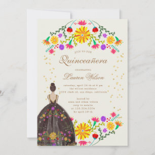 Farbenfrohe Blumenbekleidung Quinceanera Einladung