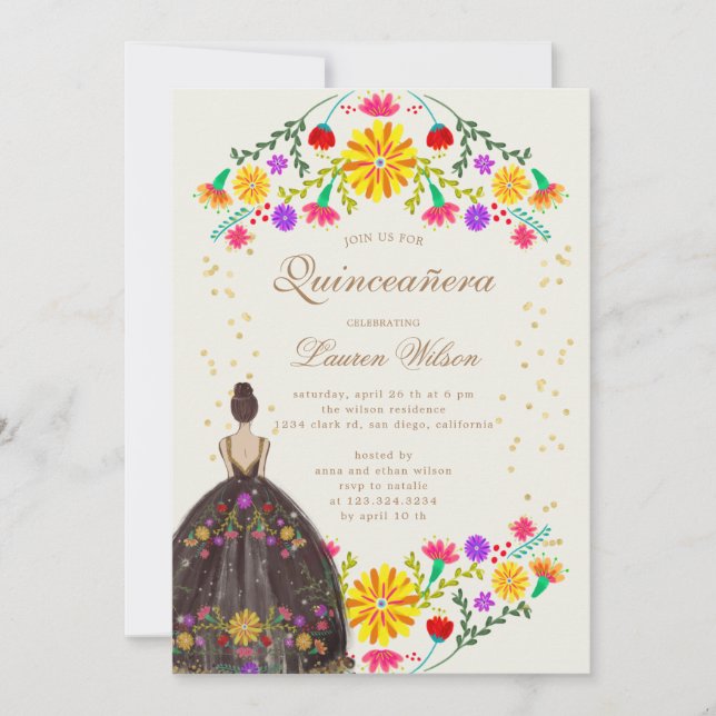 Farbenfrohe Blumenbekleidung Quinceanera Einladung (Vorderseite)