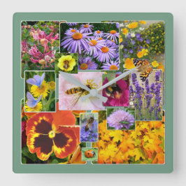Farbenfrohe BlumenCollage Quadratische Wanduhr