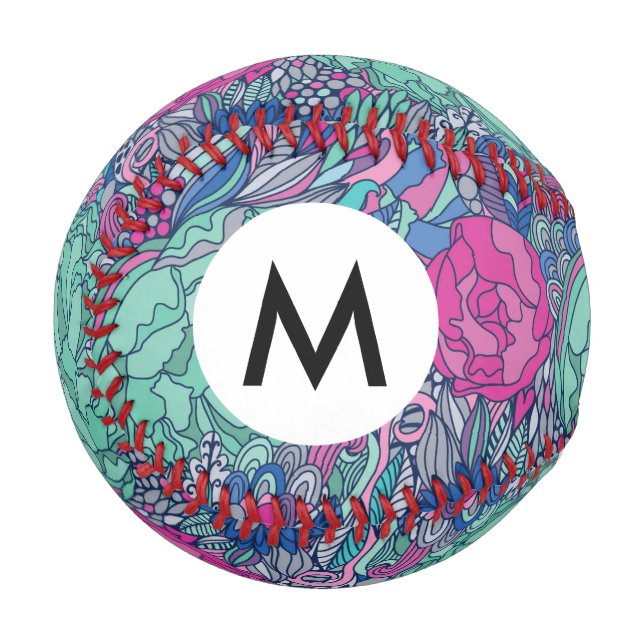 Farbenfrohe Blumendoodle-Muster Baseball (Vorderseite Links)