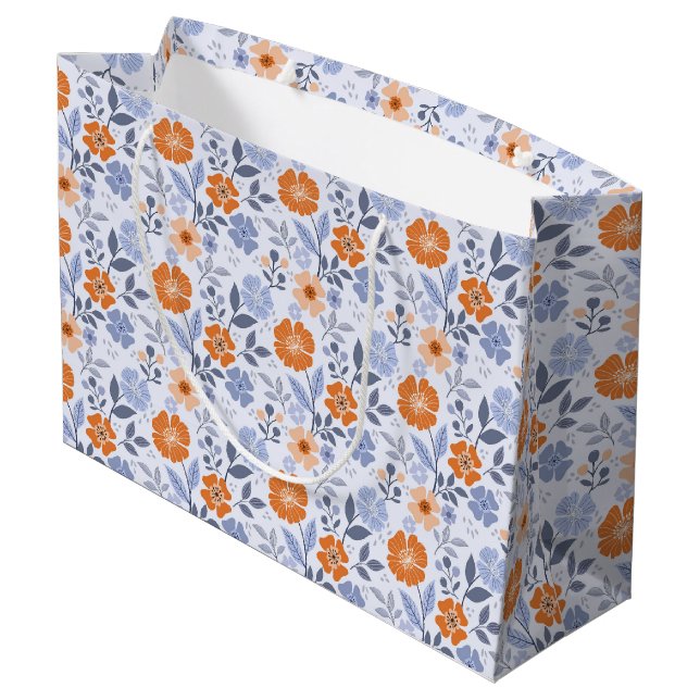 Farbenfrohe Blumendrucke - orange große Geschenktü Geschenktüte (Rückseite Schrägansicht)