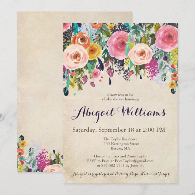 Farbenfrohe Blumendusche, Vintage Einladung (Vorne/Hinten)
