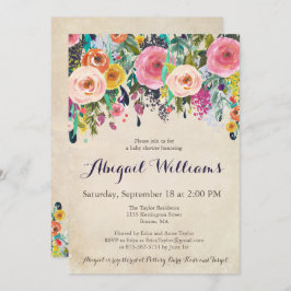 Farbenfrohe Blumendusche, Vintage Einladung