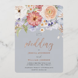 Farbenfrohe Blumendusty Blue Wedding Rose Gold Folieneinladung