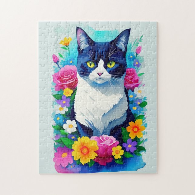 Farbenfrohe, blumenfarbene Katze Puzzle (Vertikal)