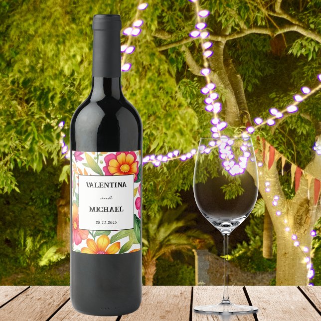 farbenfrohe Blumenfiesta mexikanische Hochzeit Weinetikett (Von Creator hochgeladen)