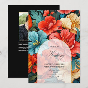 Farbenfrohe Blumenfiesta Wedding Foto und QR Code Einladung