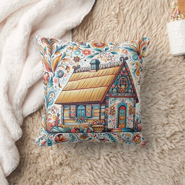 Farbenfrohe blumengeschmückte Hütte mit lebhaften  Kissen (Decke)