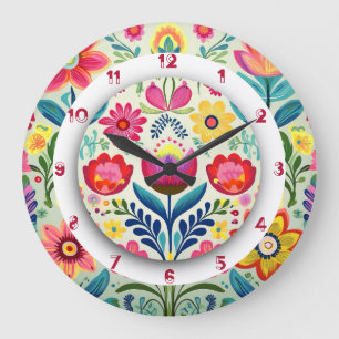 Farbenfrohe Blumengestalt Boho Malen von zwei Kron Große Wanduhr