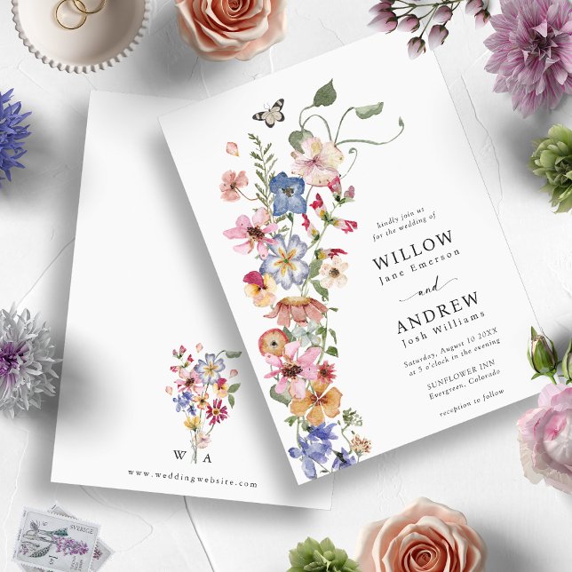 farbenfrohe Blumenhochzeit Einladung (Watercolor Colorful Wildflower Wedding Invitation by Painted Paperie)
