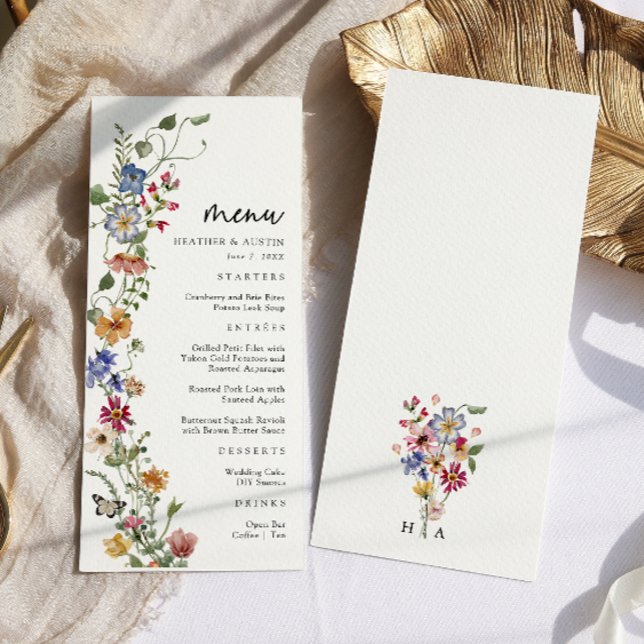 Farbenfrohe Blumenkarte Menükarte (Watercolor Colorful Wildflower Monogrammed Wedding Menu by Painted Paperie)