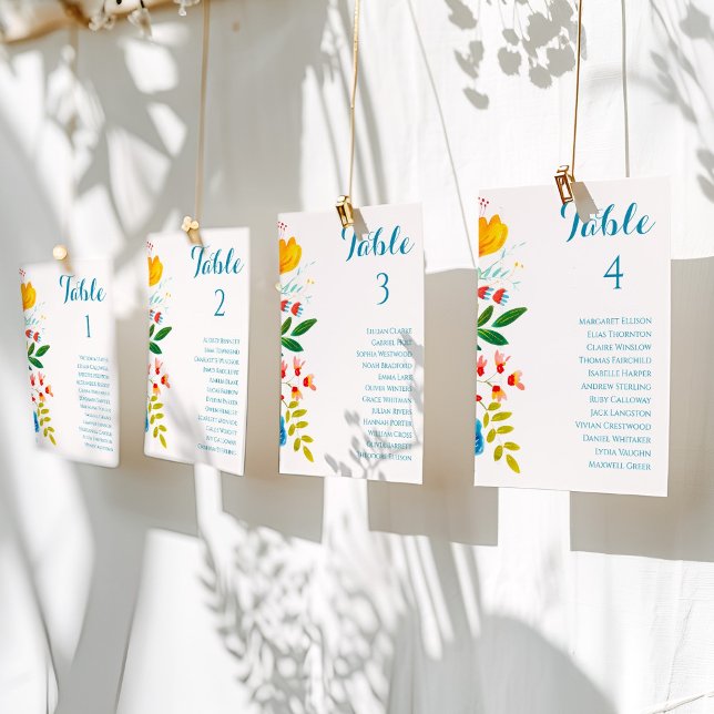 Farbenfrohe Blumenkarten für Hochzeitstische (Colorful Floral Wedding Table Seating Chart Cards)