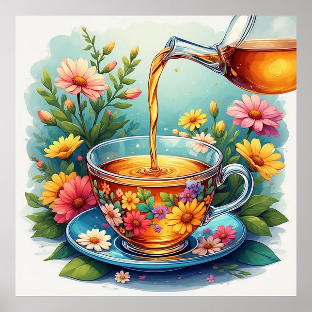 Farbenfrohe Blumenkost mit Kräutertee Poster (Vorne)