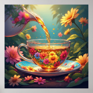 Farbenfrohe Blumenkost mit Kräutertee Poster