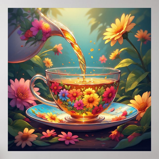 Farbenfrohe Blumenkost mit Kräutertee Poster (Vorne)