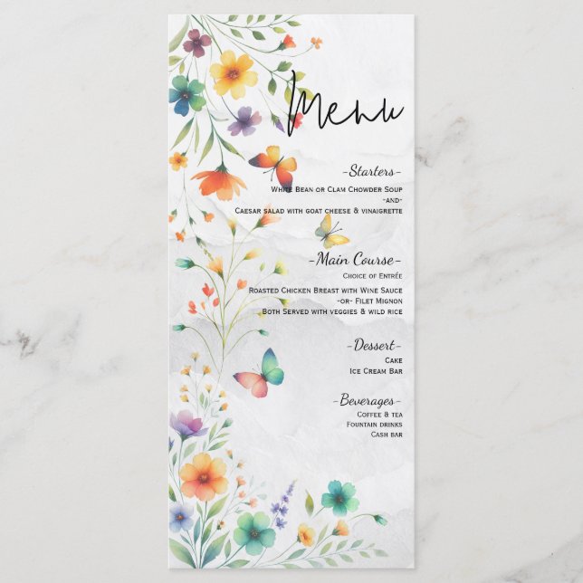 Farbenfrohe Blumenkugel für Hochzeiten Menükarte (Vorderseite)