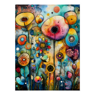 Farbenfrohe Blumenlandschaft mit abstrakten Blüten Poster