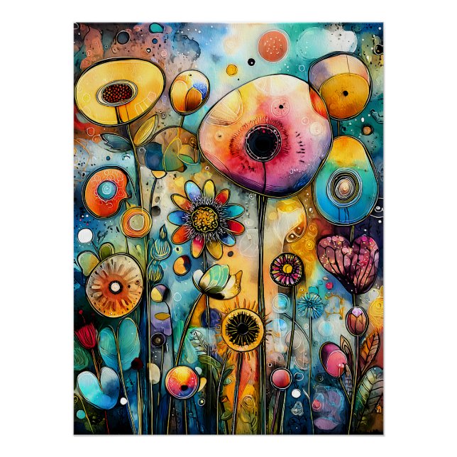 Farbenfrohe Blumenlandschaft mit abstrakten Blüten Poster (Vorderseite)