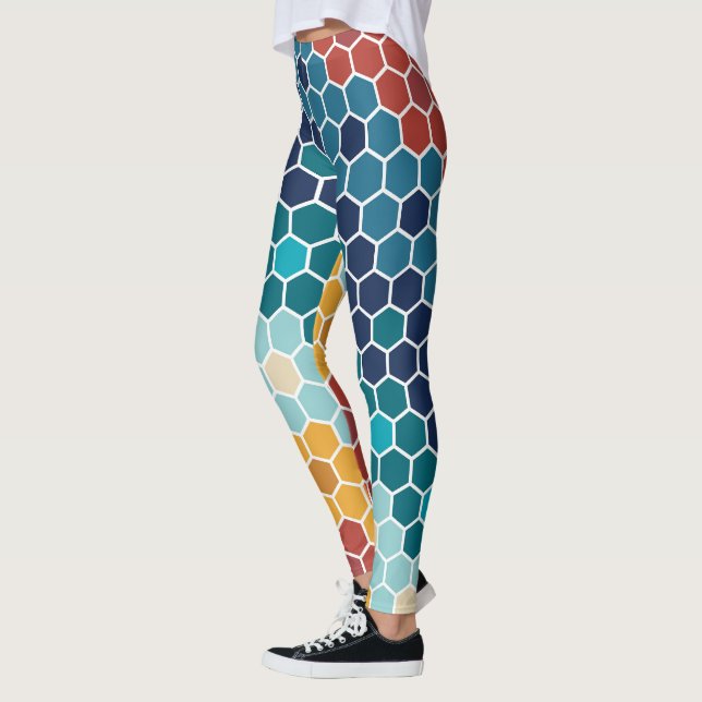 Farbenfrohe Blumenmosaik Hexagon Muster Leggings (Links)