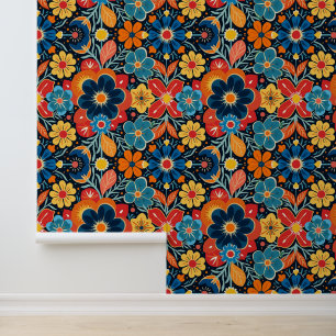 Farbenfrohe Blumenmuster auf dunklem Hintergrund Tapete