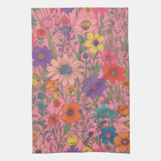 Farbenfrohe Blumenmuster auf rosa Geschirrtuch (Vertikal)
