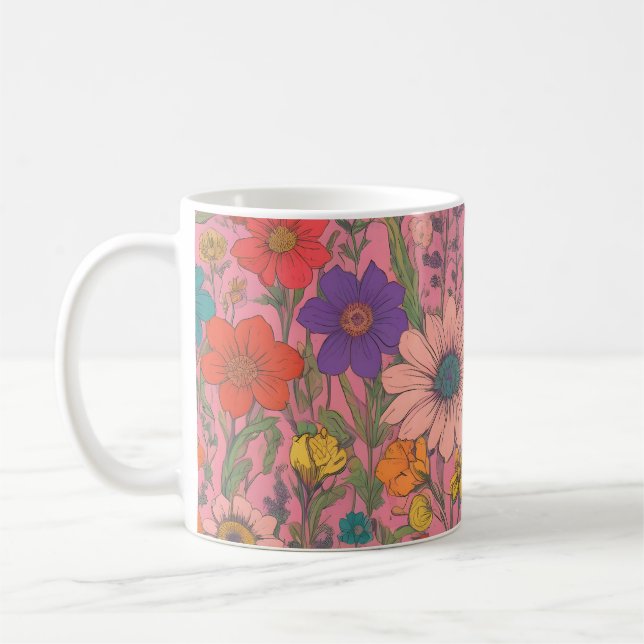 Farbenfrohe Blumenmuster auf rosa Kaffeetasse (Links)