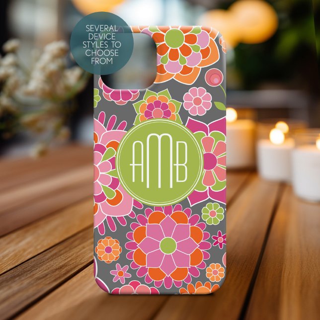 Farbenfrohe Blumenmuster für Frühjahr-Monogramm Case-Mate iPhone Hülle (Personalized Phone Case with Monogram)