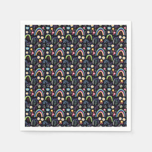 Farbenfrohe Blumenmuster mit Regenbogen und Bäumen Serviette