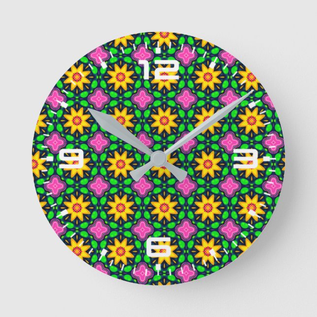 Farbenfrohe Blumenmuster Runde Wanduhr (Vorderseite)