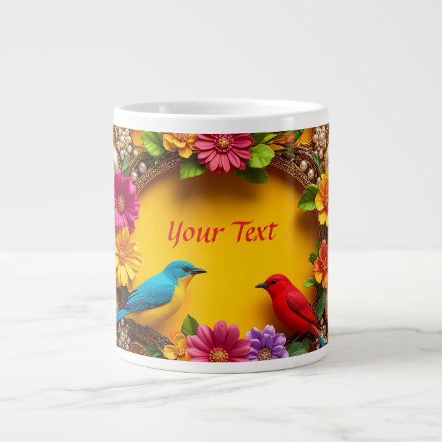 Farbenfrohe Blumenrahmen mit lebhaften Vögeln Jumbo-Tasse (Vorderseite)