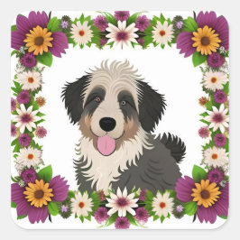 Farbenfrohe Blumenrahmen mit Niedlicher Hundelabbi Quadratischer Aufkleber