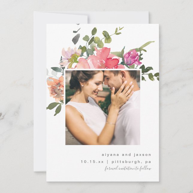 farbenfrohe blumenreiche Hochzeit Save The Date (Vorderseite)