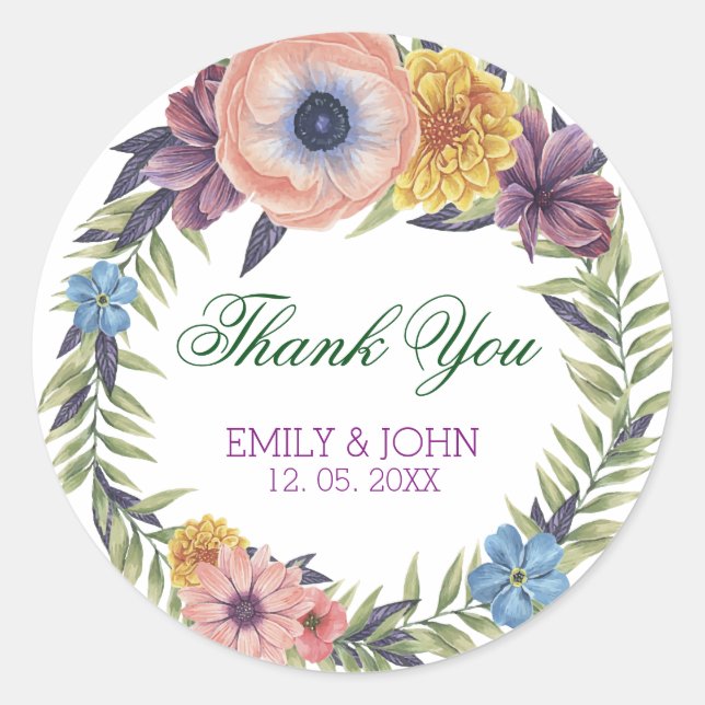 Farbenfrohe Blumenreste Vielen Dank Runder Aufkleber (Vorderseite)